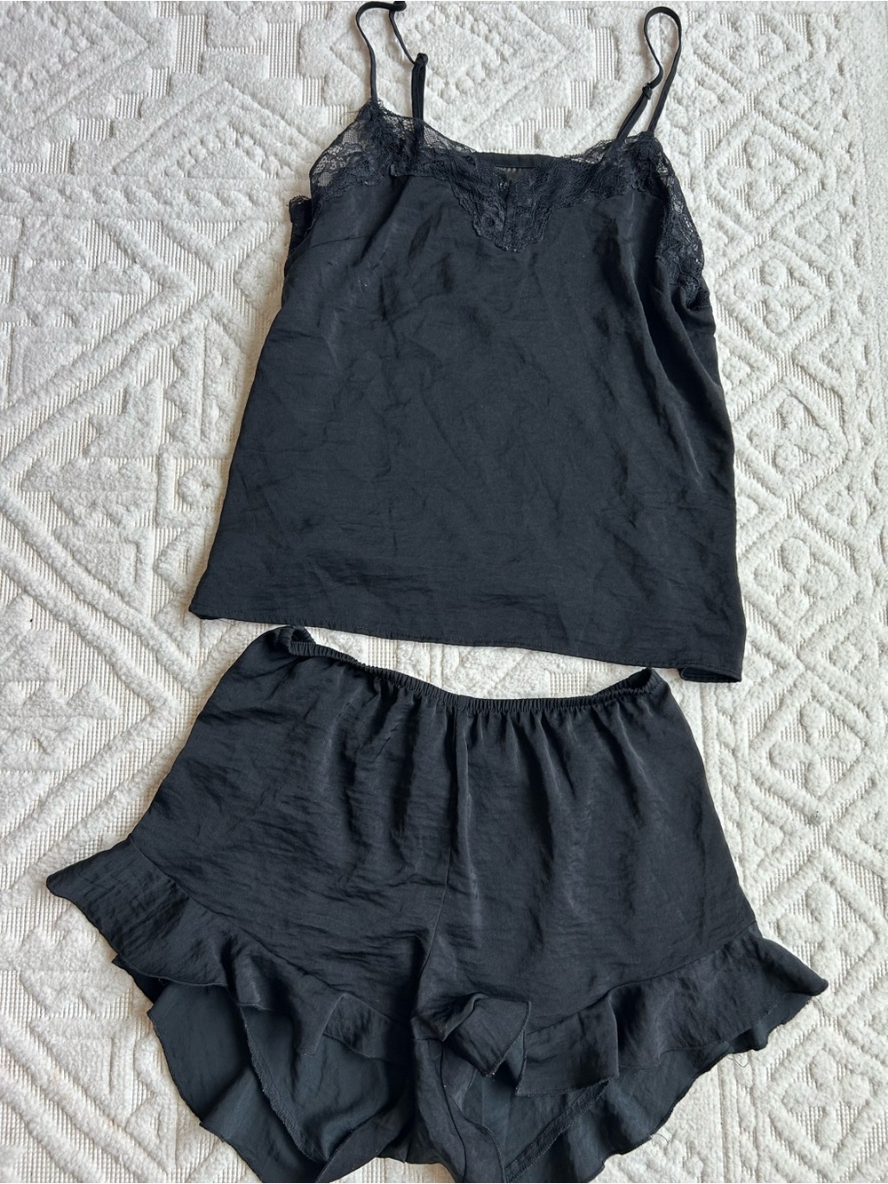 H&M Black Lace-Trim Cami & Ruffle Shorts Set